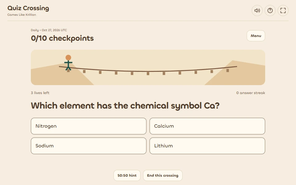 Quiz Crossing, our independent site edition inspired by Tightrope